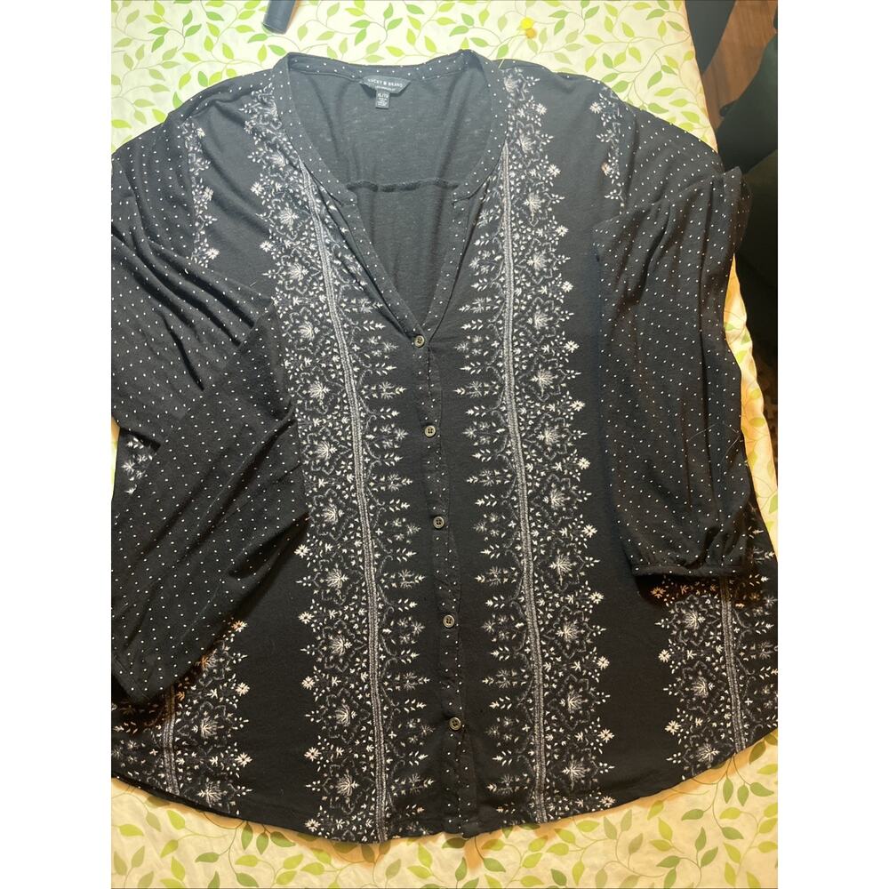 Lucky Brand Womens Black Embroidered Polka Dot Button Front Top Small Boho